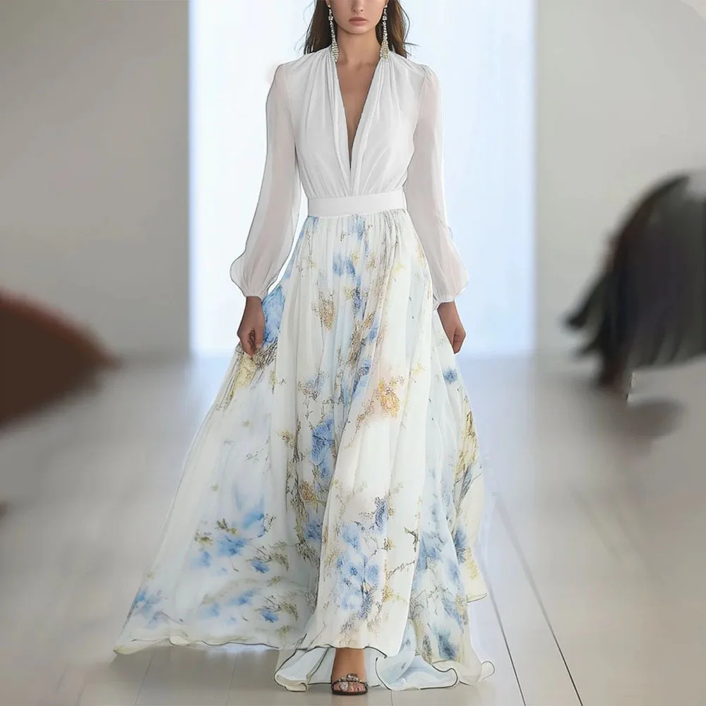 Printed Long Sleeve V neck Stitching Dress White - Shop at LoveMi