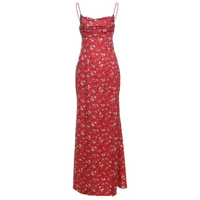 Women's Printed High Waist Slit Off neck Dress Red - Shop at LoveMi