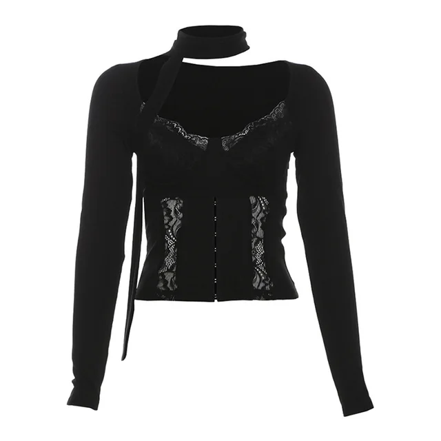 Women's Lace Short Stitching Slim Fit Square Collar Top Black - Shop at LoveMi