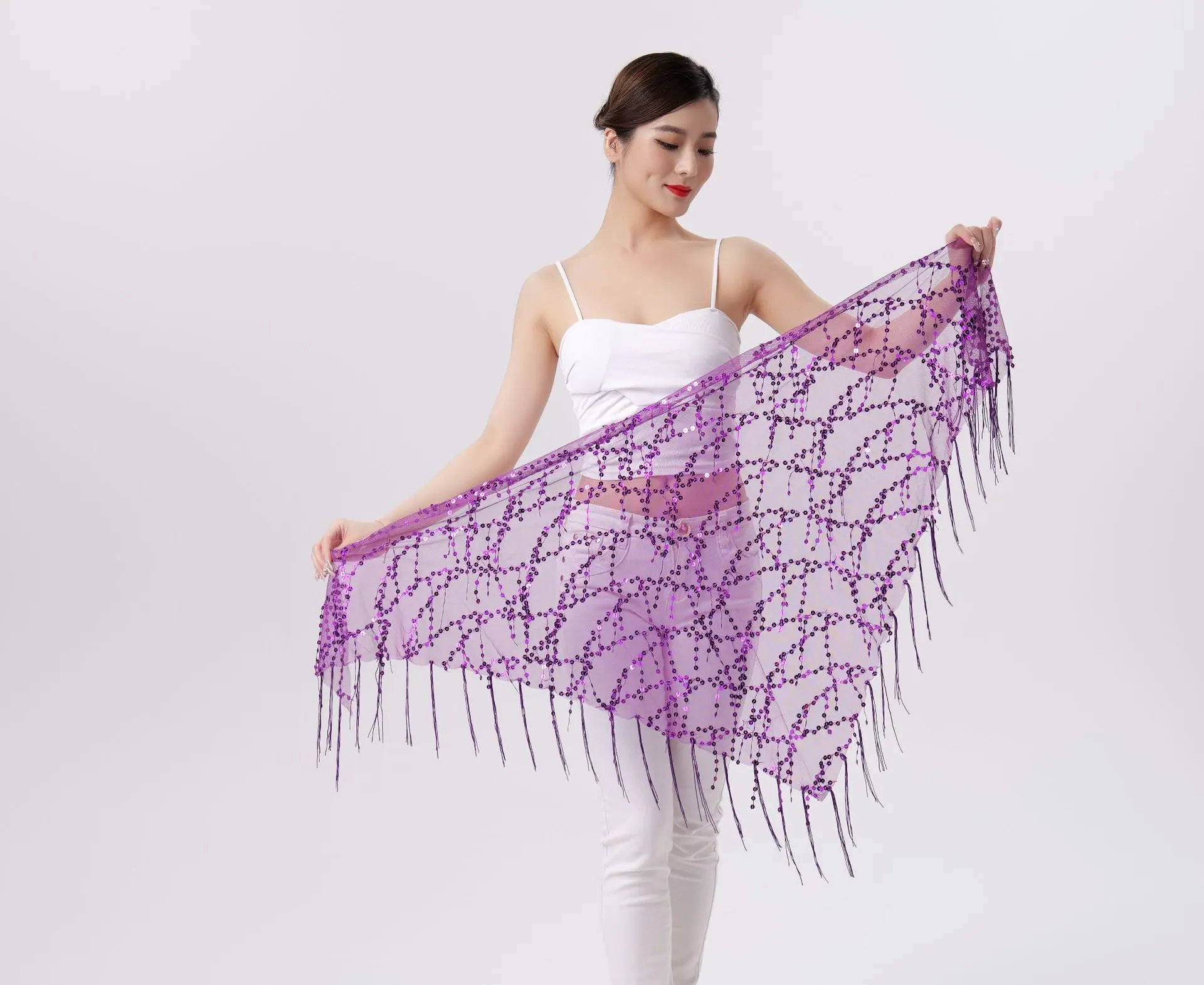 Belly Dance Sequins Tassel Triangle Waist Scarf - Purple