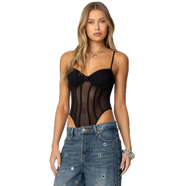 Slimming Mesh Stitching High Waist Hollow out Hot Girl Jumpsuit Black - Shop at LoveMi