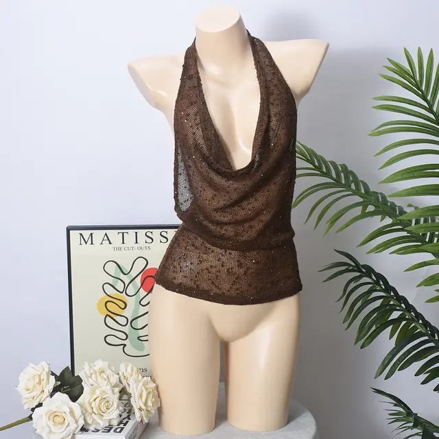 Shiny Deep V Neck Solid Color Vest Fashion Halter Top For Women Brown - Shop at LoveMi