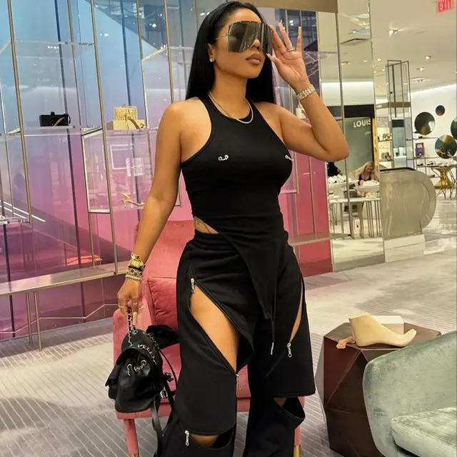 Women's Round Neck Hollow out Crotch Three dimensional Decoration One piece Top Black - Shop at LoveMi