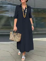 Elegant Solid Color Long Sleeve Button Lapel Dress - Blue