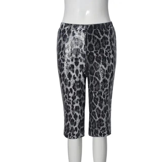 Sequined Leopard Print Elastic Waist Casual Shorts Leopard Gray - Shop at LoveMi