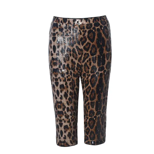 Sequined Leopard Print Elastic Waist Casual Shorts Leopard Print Brown - Shop at LoveMi