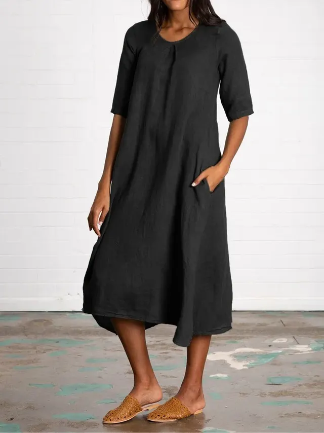 Round Neck Half Sleeve Long Solid Color Casual Cotton And Linen Dress Black - Shop at LoveMi