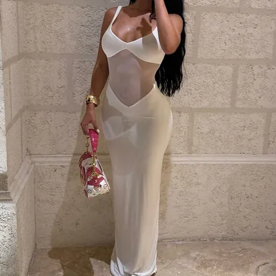 Sexy Patchwork Mesh Solid Color And V neck Long See through Dress White - Shop at LoveMi