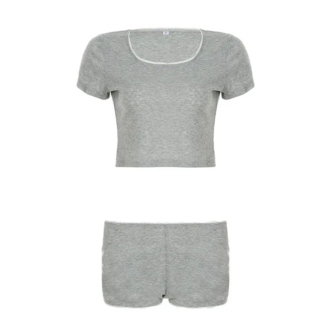 Casual Homewear Suit Lace Stitching Round Neck Pullover Top Boxer Shorts Pants Gray - Shop at LoveMi