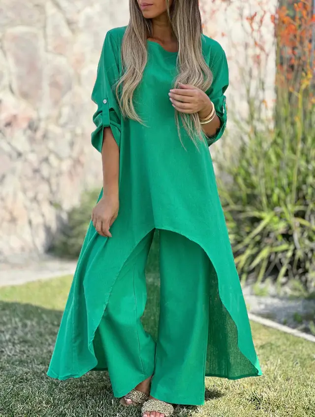 Women's Cotton And Linen Fashion Casual Plus Size Irregular Long Sleeve Wide Leg Pants Two piece Suit Green - Shop at LoveMi