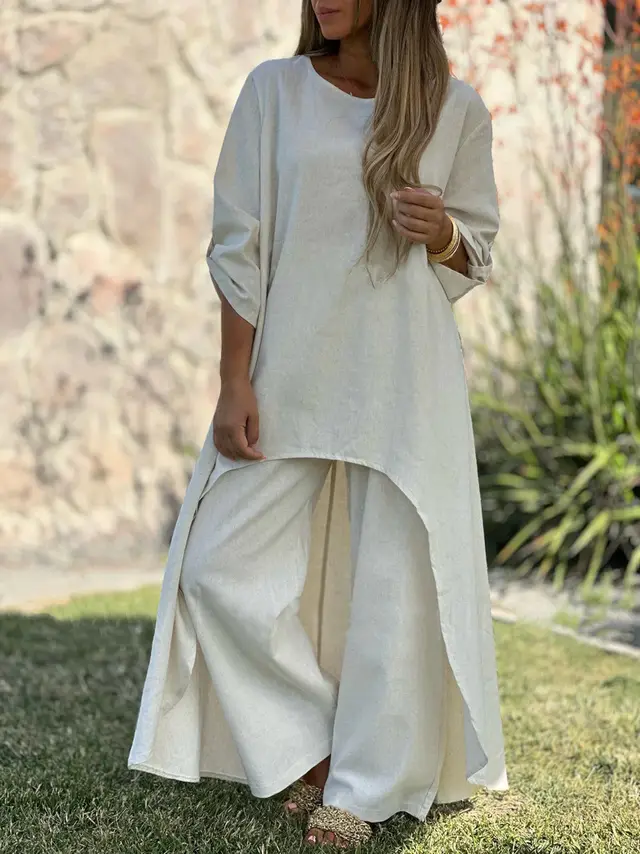 Women's Cotton And Linen Fashion Casual Plus Size Irregular Long Sleeve Wide Leg Pants Two piece Suit Milky White - Shop at LoveMi