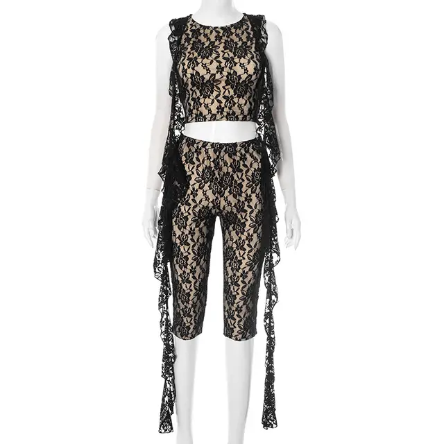 Lace See through Sleeveless Top Hip lifting Casual Pants Two piece Set Black - Shop at LoveMi