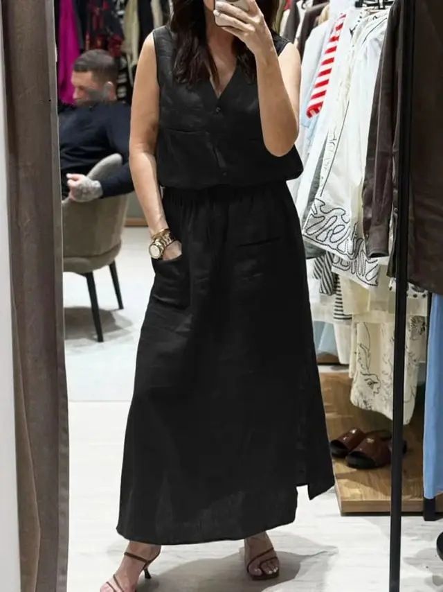 New Women's Casual Solid Color Sleeveless Loose Dress Two piece Suit Black - Shop at LoveMi
