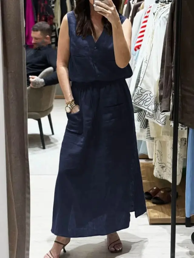 New Women's Casual Solid Color Sleeveless Loose Dress Two piece Suit Dark Blue - Shop at LoveMi