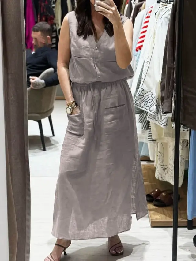 New Women's Casual Solid Color Sleeveless Loose Dress Two piece Suit Gray - Shop at LoveMi