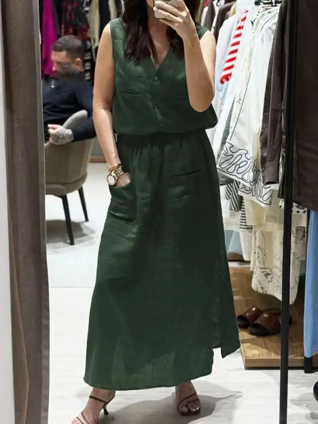 New Women's Casual Solid Color Sleeveless Loose Dress Two piece Suit Green - Shop at LoveMi