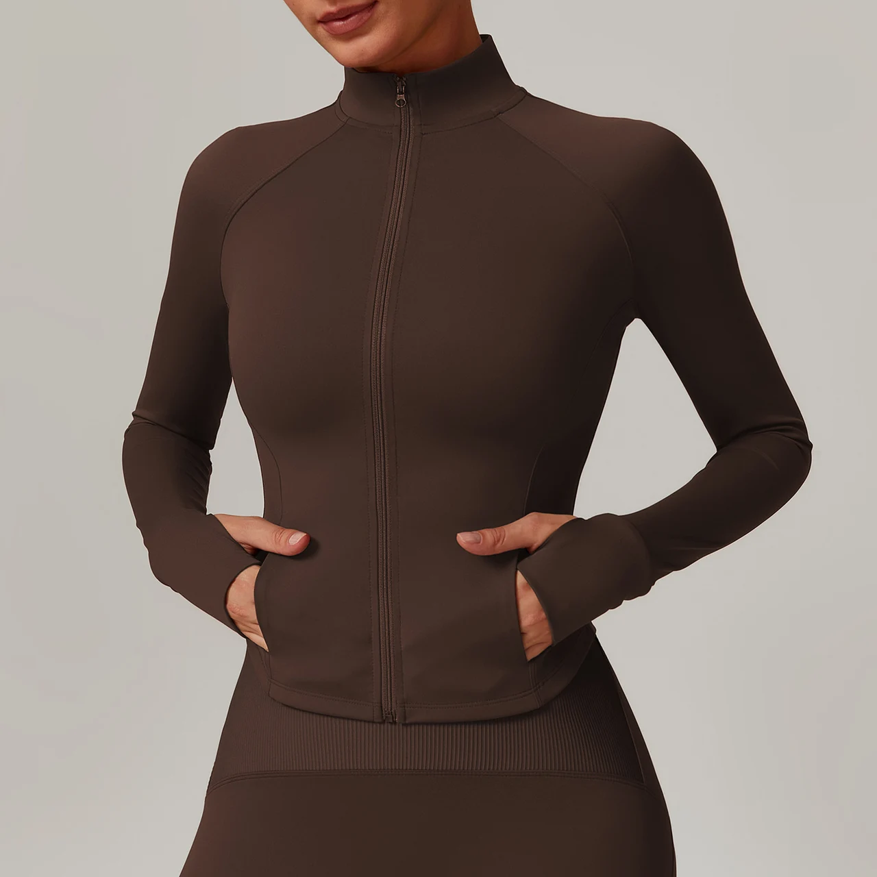 Women's Stand Collar Quick-drying Yoga Clothes Coat Windproof Warm Suit - Coke Tea Coffee Color
