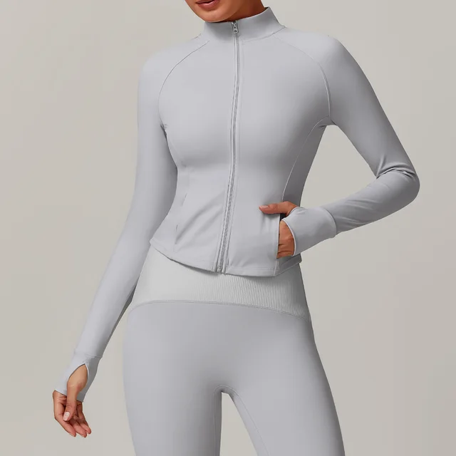 Women's Stand Collar Quick drying Yoga Clothes Coat Windproof Warm Suit Light Gray - Shop at LoveMi