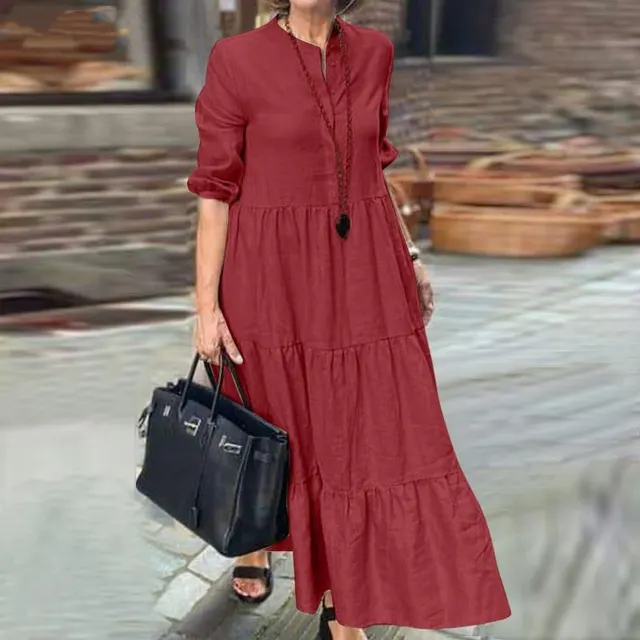 Women's Solid Color Wide Hem Casual Loose Lapel Cotton Linen Long Dress Wine Red - Shop at LoveMi