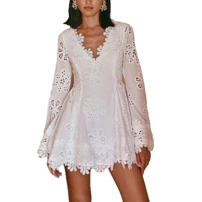 European And American Long Sleeve Tied Lace V neck Slim Fit Skirt Dress White - Shop at LoveMi
