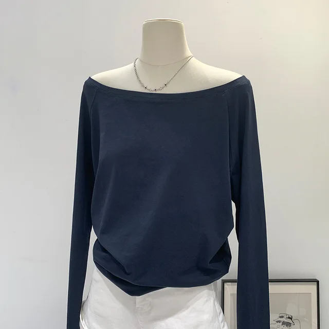 Style Off neck Oblique Shoulder Tops Women Kjyk704 Long Sleeve Dark Blue - Shop at LoveMi