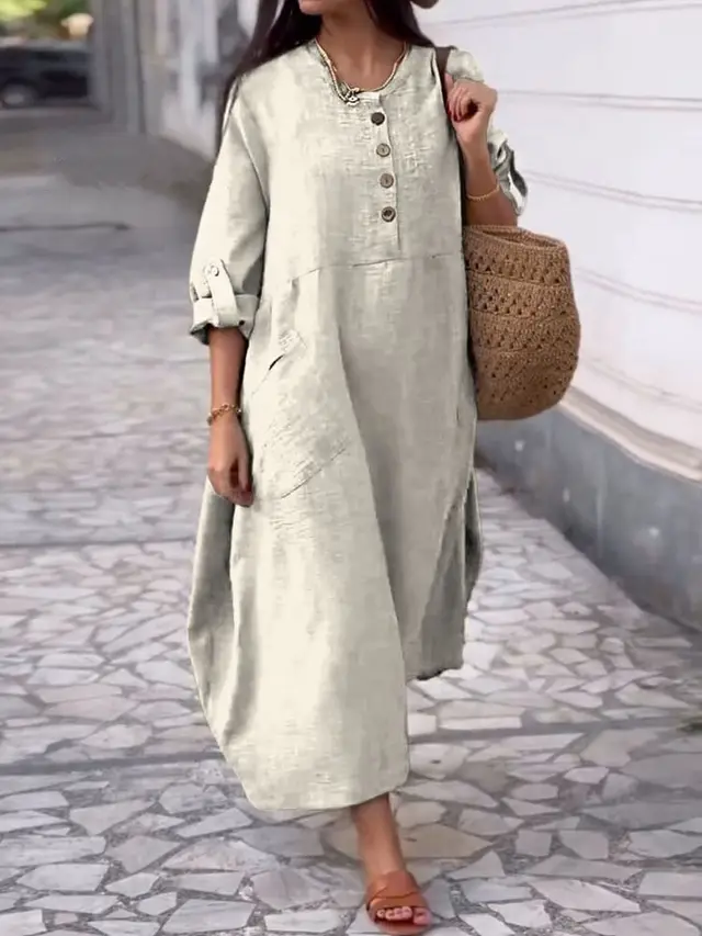 Women's Solid Color Round Neck Cotton And Linen Long Sleeve Casual Double Side Pocket Button Length Dress Apricot - Shop at LoveMi