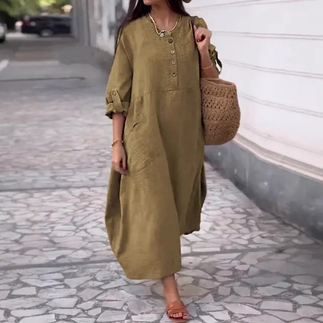 Women's Solid Color Round Neck Cotton And Linen Long Sleeve Casual Double Side Pocket Button Length Dress Brown - Shop at LoveMi
