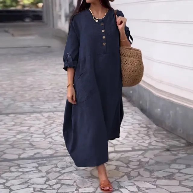 Women's Solid Color Round Neck Cotton And Linen Long Sleeve Casual Double Side Pocket Button Length Dress Dark Blue - Shop at LoveMi