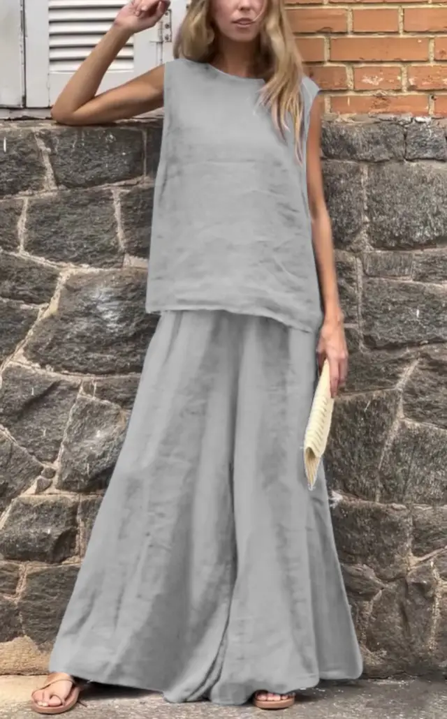 Loose Solid Color Cotton Linen Sleeveless Trousers Two piece Set Gray - Shop at LoveMi