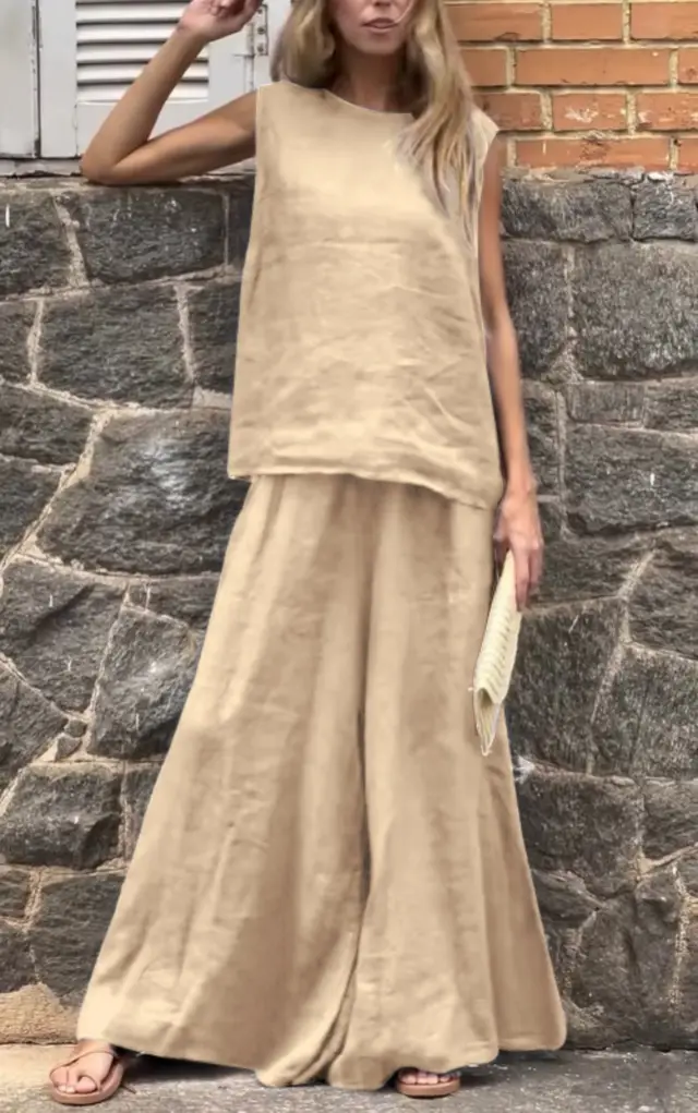 Loose Solid Color Cotton Linen Sleeveless Trousers Two piece Set Khaki - Shop at LoveMi