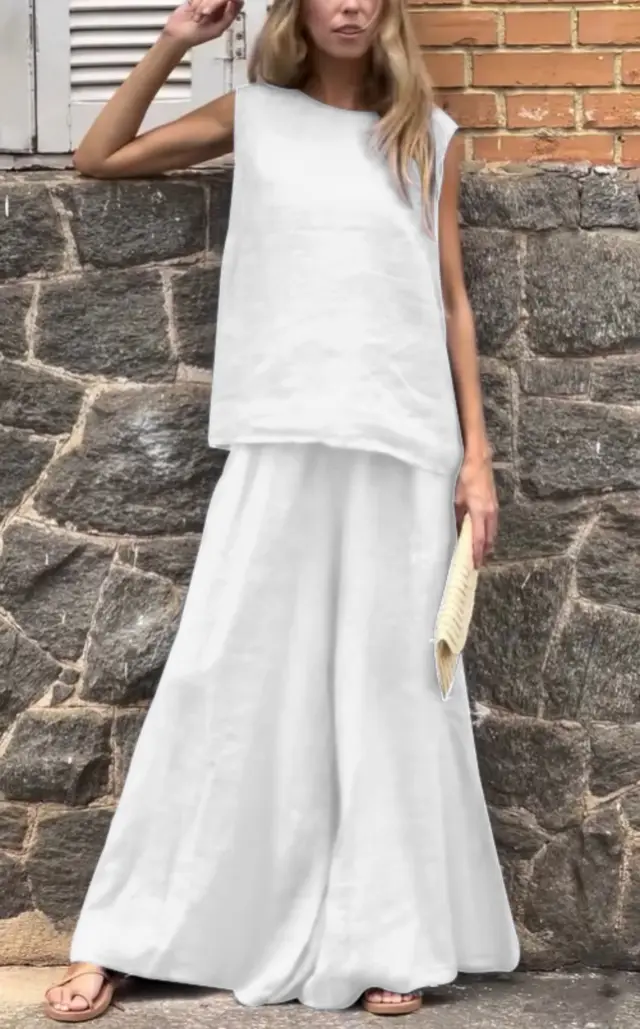 Loose Solid Color Cotton Linen Sleeveless Trousers Two piece Set White - Shop at LoveMi