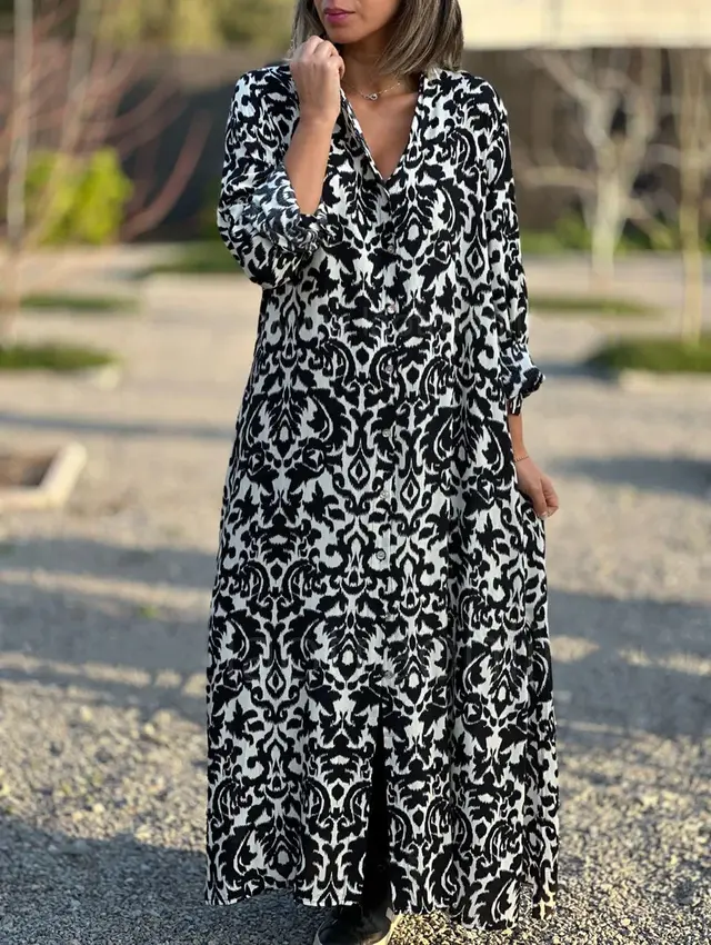 Elegant Square Collar Long Sleeve Printed Shirt Skirt Dress Black - Shop at LoveMi
