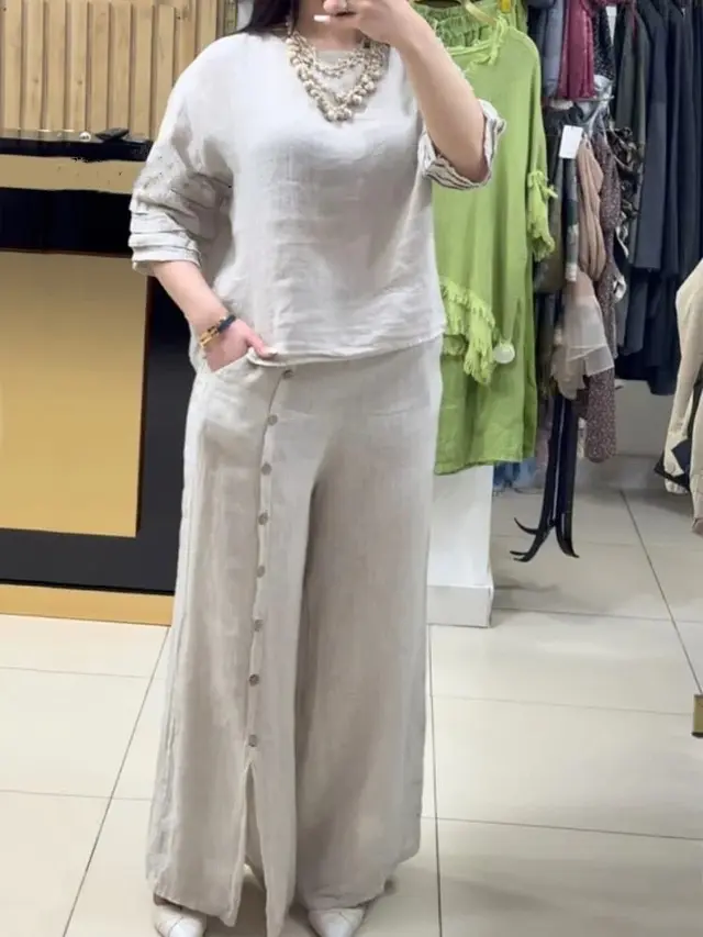 Women's Fashion Casual Loose Solid Color Cotton Linen Short Sleeve Shirt Two piece Pants Long Beige - Shop at LoveMi