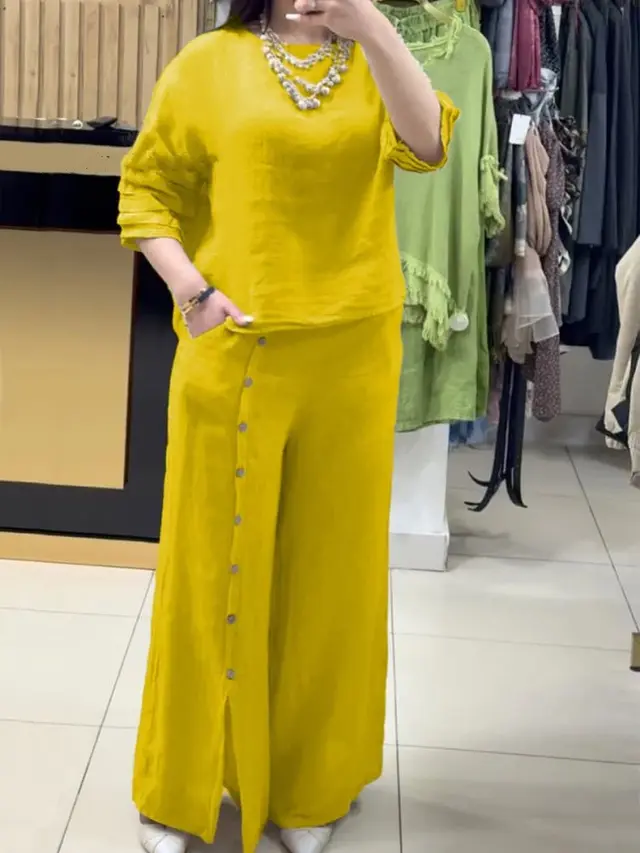 Women's Fashion Casual Loose Solid Color Cotton Linen Short Sleeve Shirt Two piece Pants Long Yellow - Shop at LoveMi