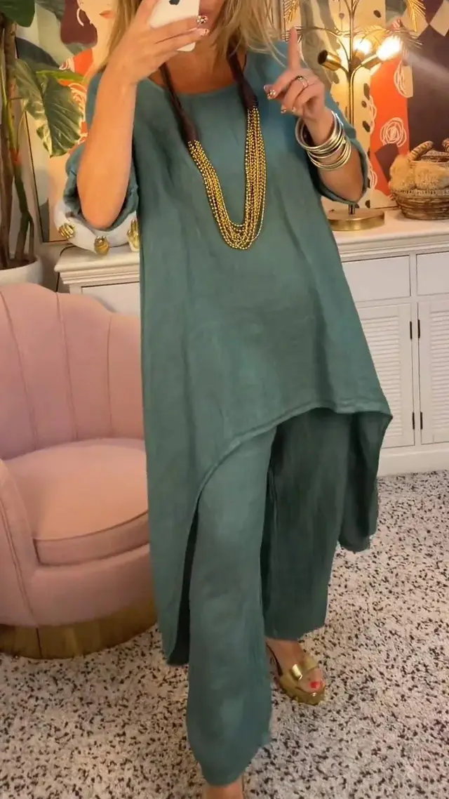 Solid Color Irregular Casual Cropped Long Sleeve Cotton And Linen Trousers Suit Women Army Green - Shop at LoveMi