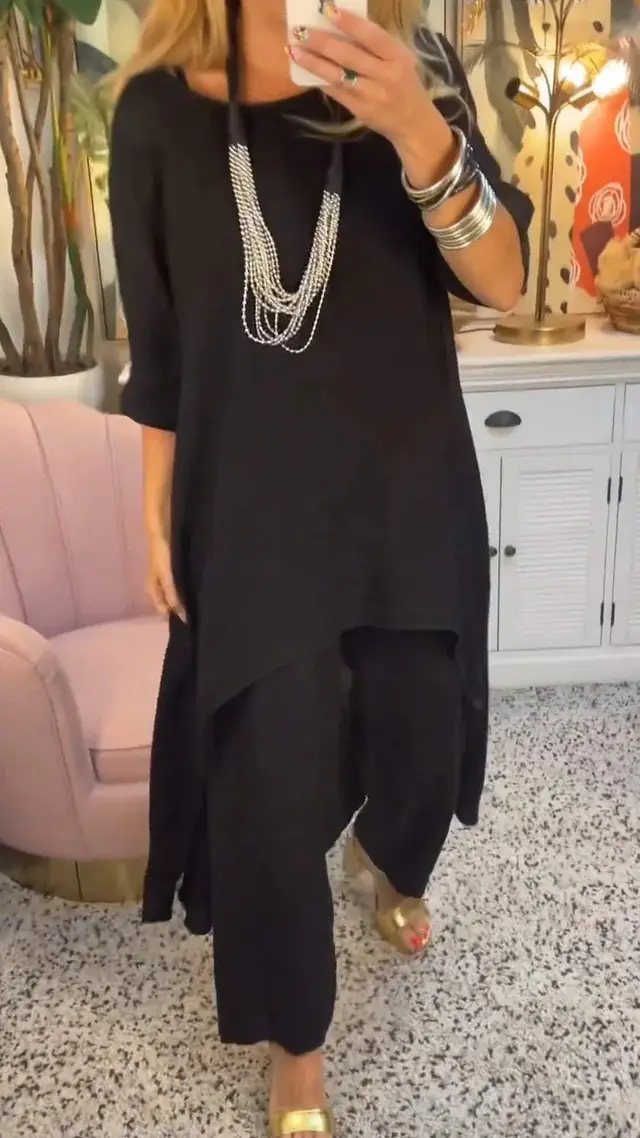 Solid Color Irregular Casual Cropped Long Sleeve Cotton And Linen Trousers Suit Women Black - Shop at LoveMi