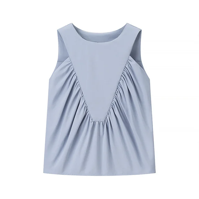Design Pleated Loose Solid Color Vest Top Blue - Shop at LoveMi