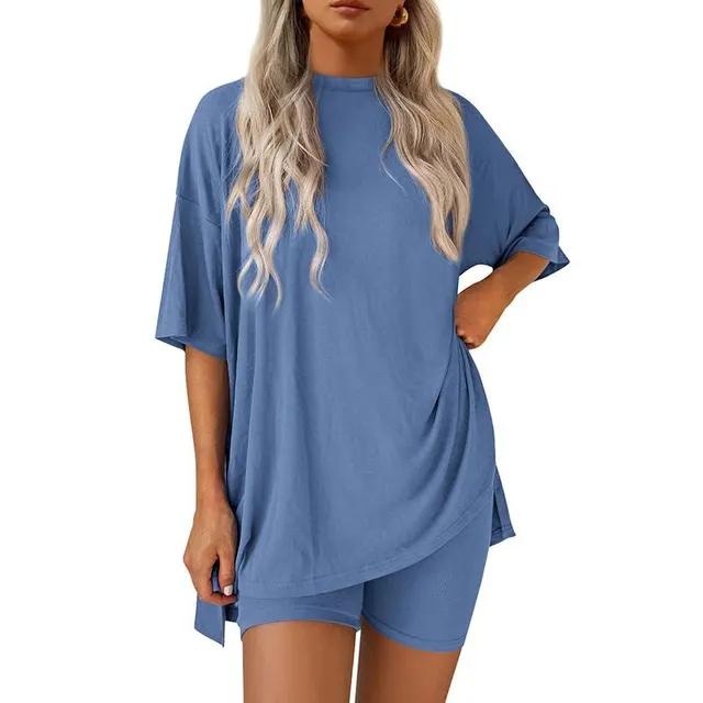 Casual Crew Neck Split Loose Shorts Short Sleeve Home Wear Suit Blue - Shop at LoveMi