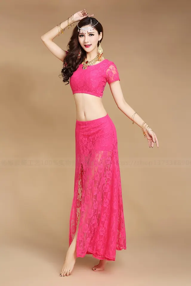 Indian Dance Performance Costumes Lace Skirt Suit Rose Red Top And Skirt - Shop at LoveMi