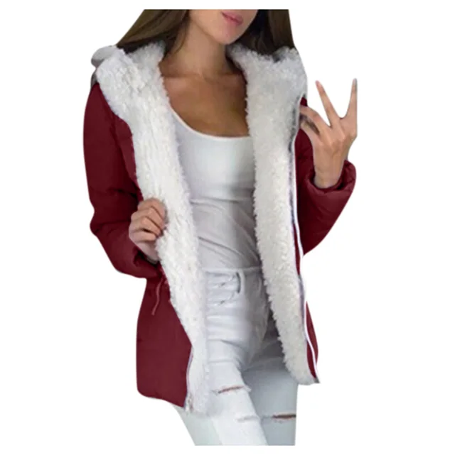 Fleece lined Cardigan Hooded Coat Cotton padded Jacket Wine Red - Shop at LoveMi