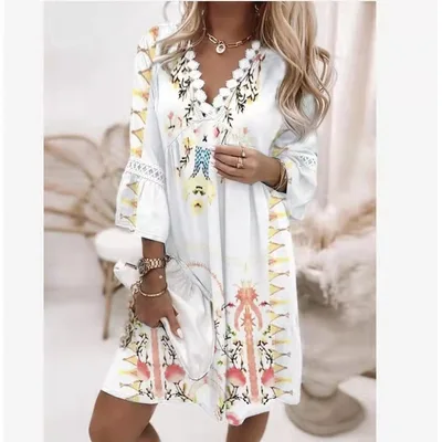 V neck Printed Lace Stitching Casual Vacation Style Dress White - Shop at LoveMi