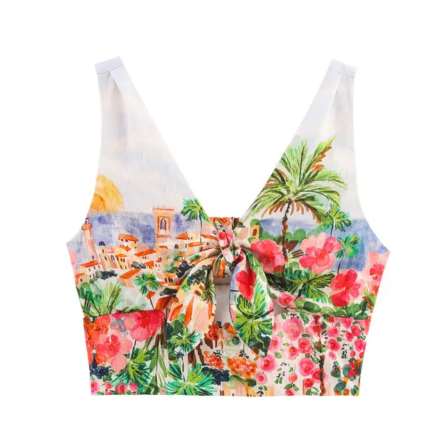 Pure Color Desire Style Printed Bow Tie Sling Top - Shop at LoveMi