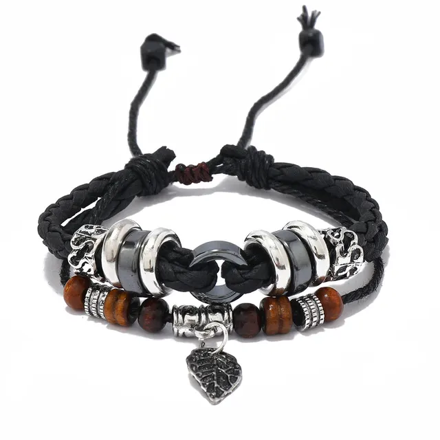 Woven Leaf Pendant Men's Leather Bracelet Simple Black - Shop at LoveMi
