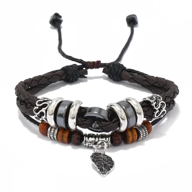 Woven Leaf Pendant Men's Leather Bracelet Simple Brown - Shop at LoveMi
