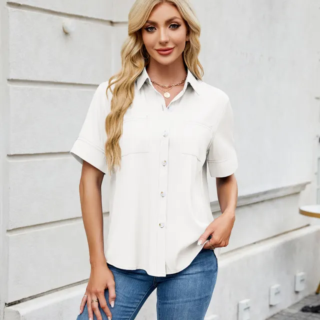 Women's One Breasted Faux Denim Short Sleeve Loose Shirt White - Shop at LoveMi