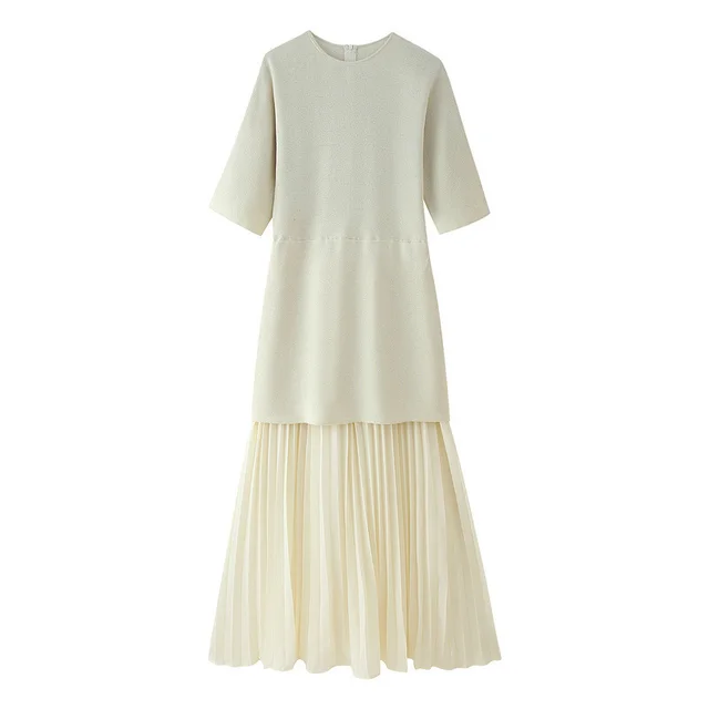 Fashionable Elegant Brown Patchwork Pleated Dress Ivory White - Shop at LoveMi