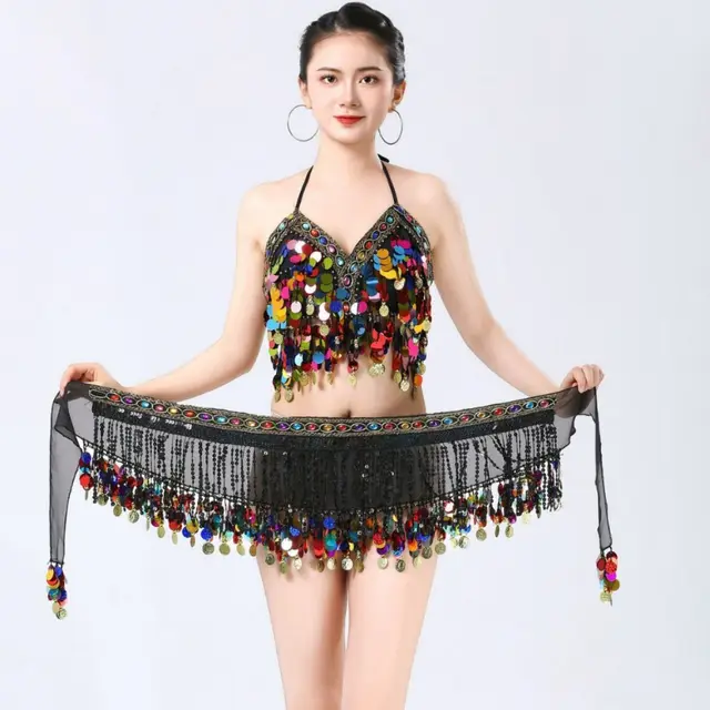 Belly Dance Waist Chain Hip Scarf Sequin Tassel Black - Shop at LoveMi