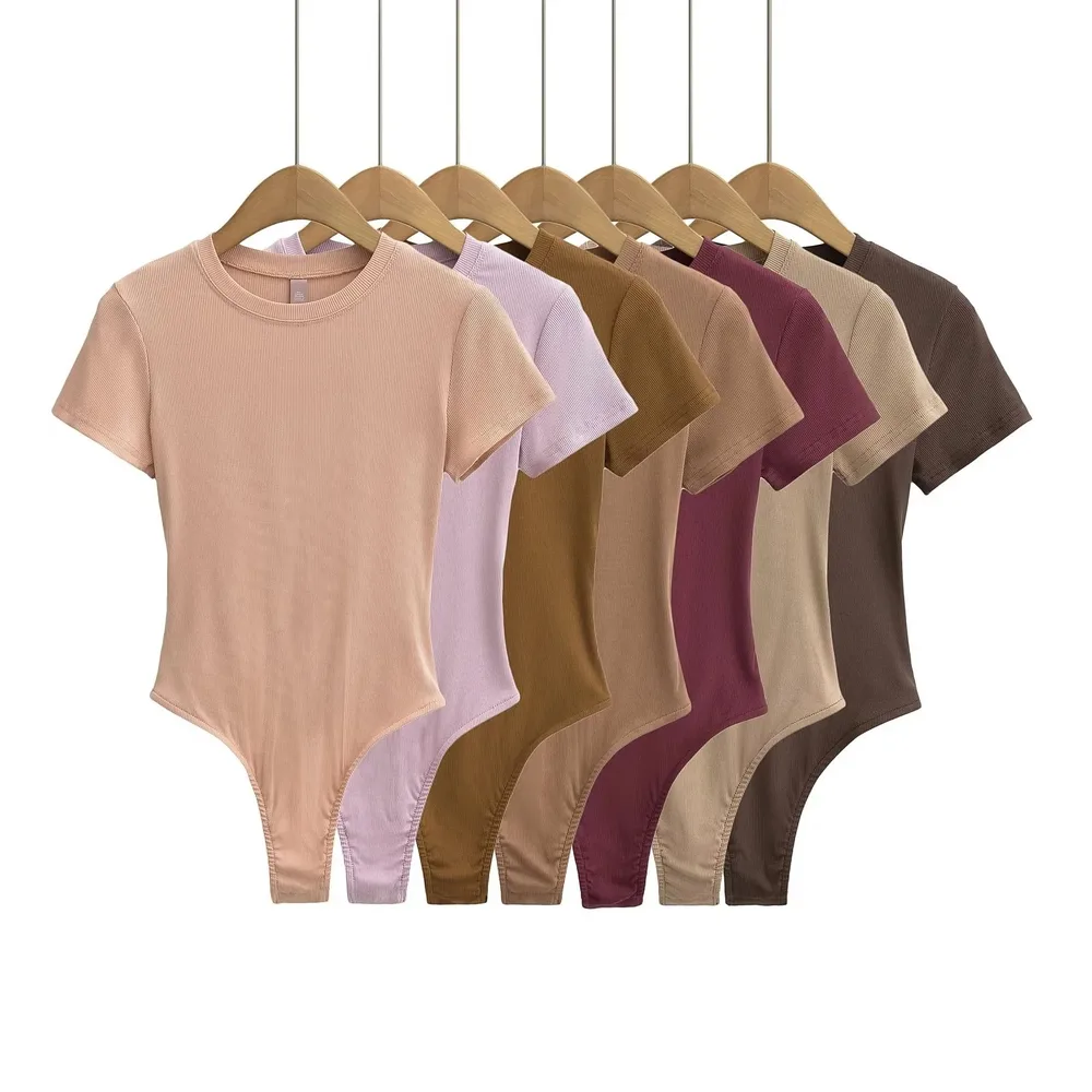 Neck Short Sleeve Rompers Slim Fit Slimming T-shirt Top - Sand Color