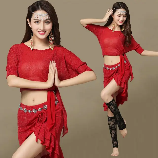 Belly Dance Sexy Mesh Dancing Dress Red Coat Skirt Waist Chain - Shop at LoveMi