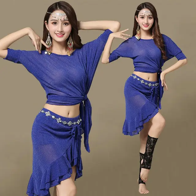 Belly Dance Sexy Mesh Dancing Dress Sapphire Blue Coat Skirt - Shop at LoveMi